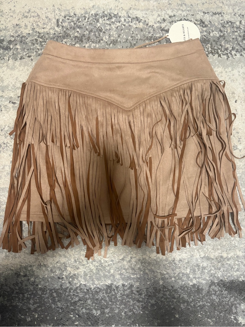 Fringe-Trim Mini Skirt in Tan Faux Suede